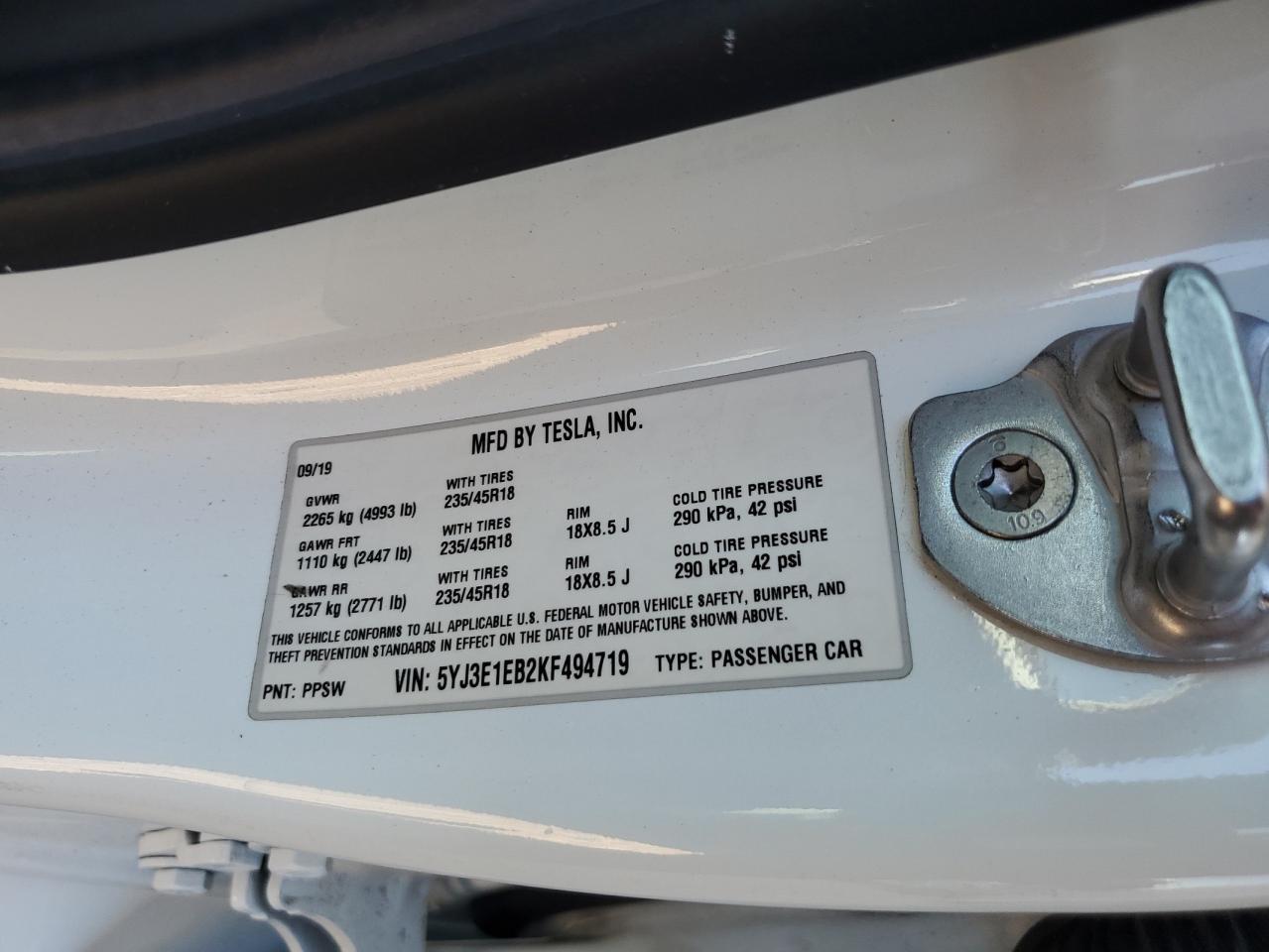 5YJ3E1EB2KF494719 2019 Tesla Model 3