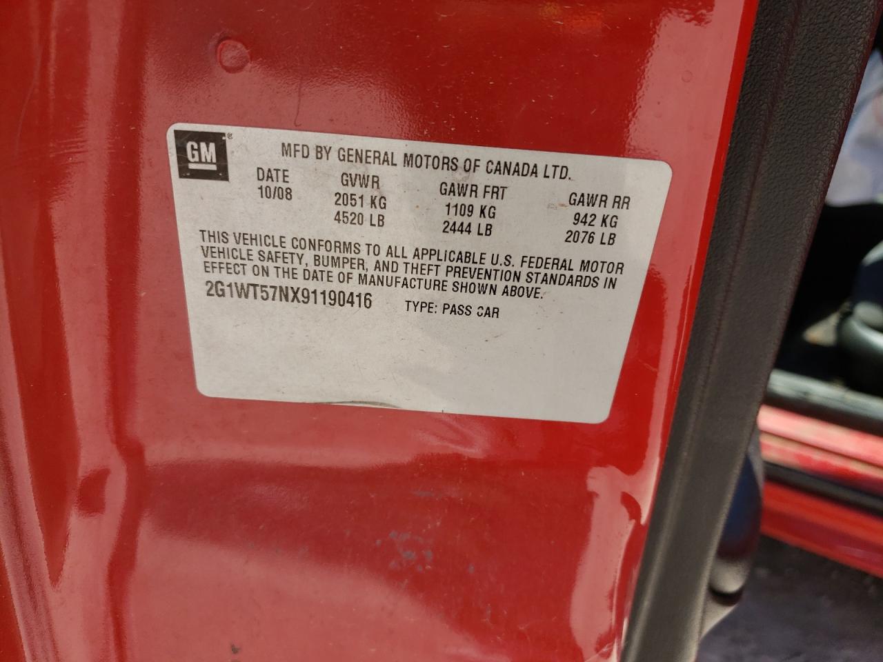 2G1WT57NX91190416 2009 Chevrolet Impala 1Lt