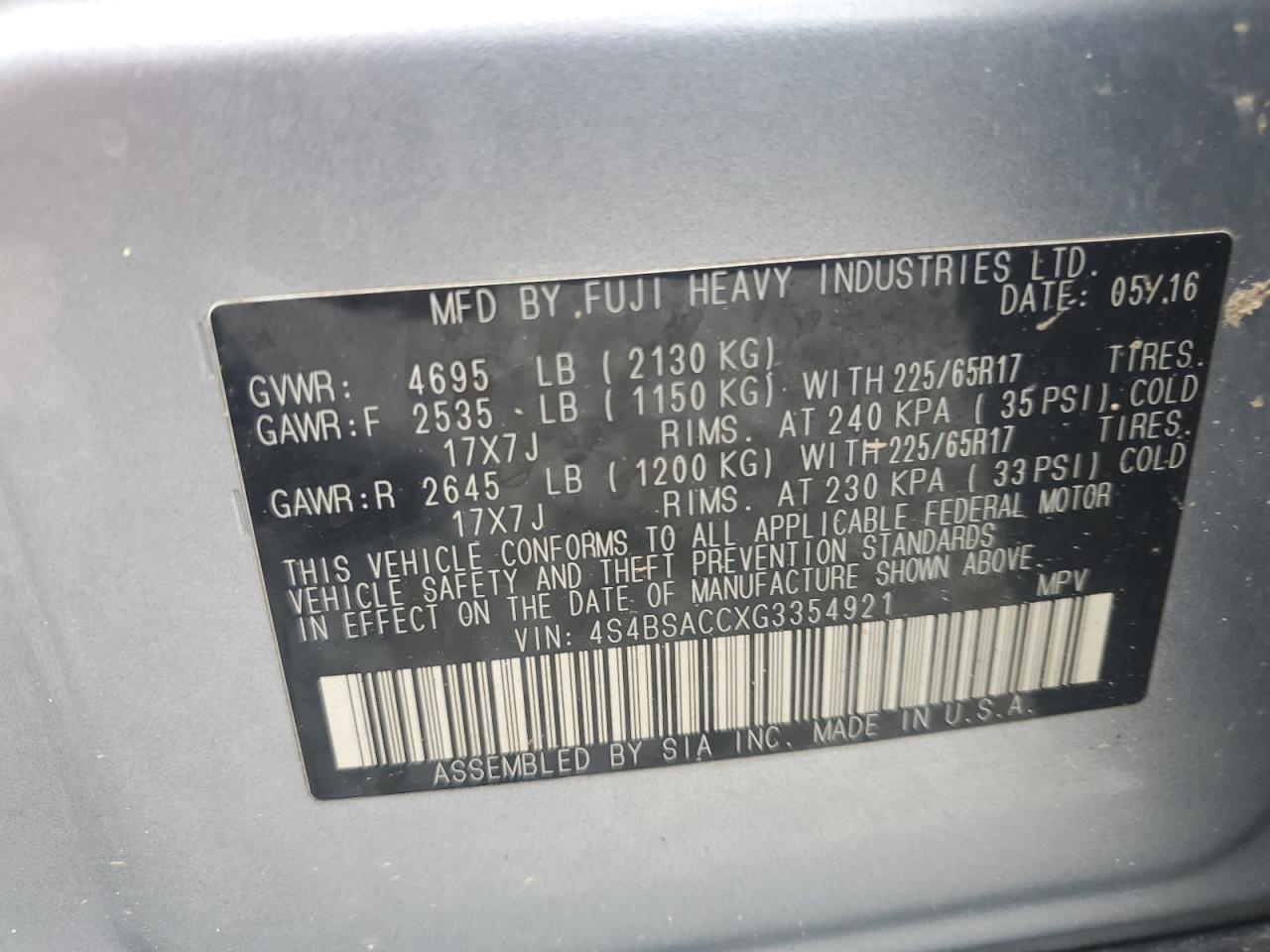 4S4BSACCXG3354921 2016 Subaru Outback 2.5I Premium