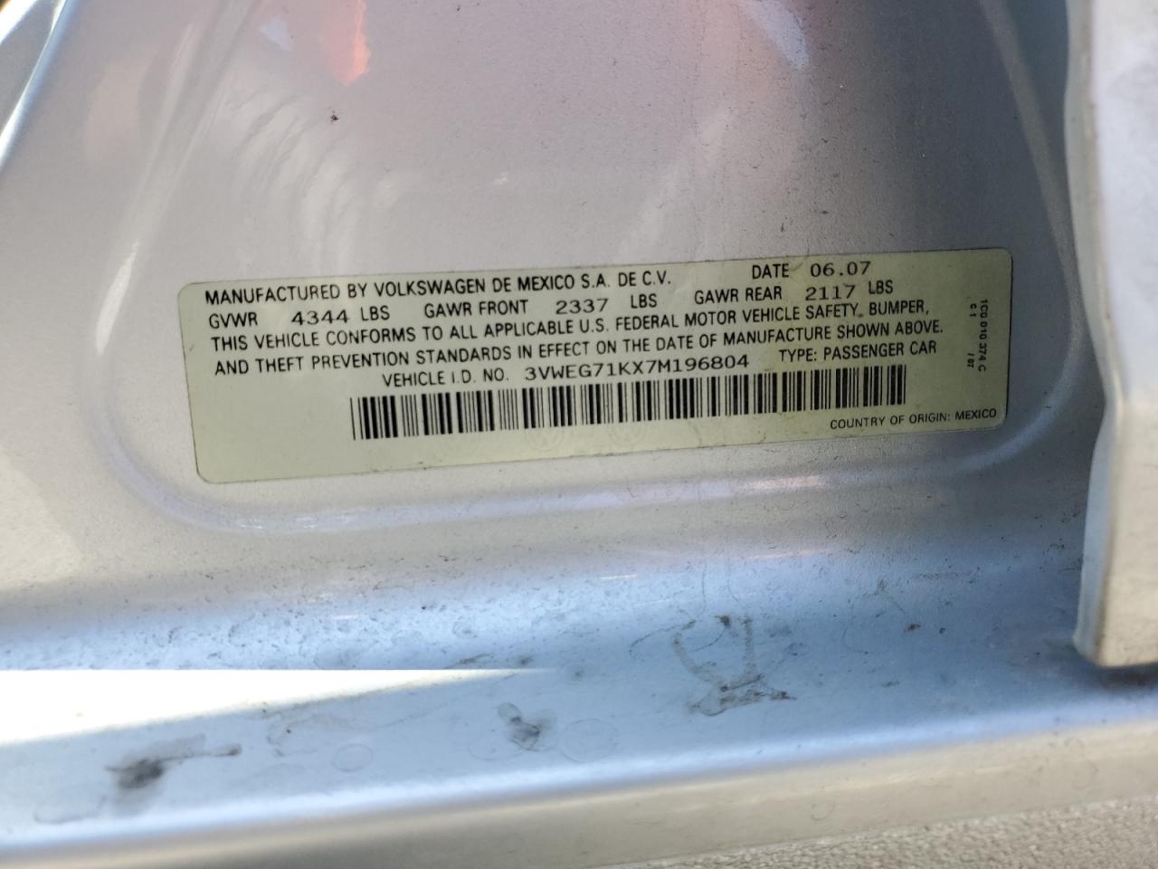 3VWEG71KX7M196804 2007 Volkswagen Jetta Wolfsburg