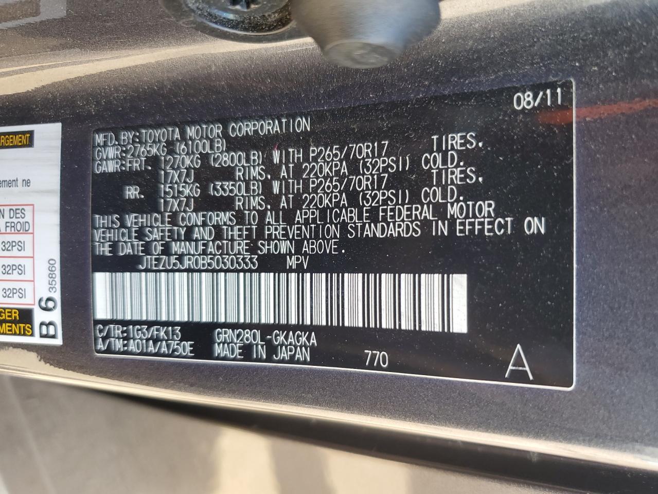 JTEZU5JR0B5030333 2011 Toyota 4Runner Sr5