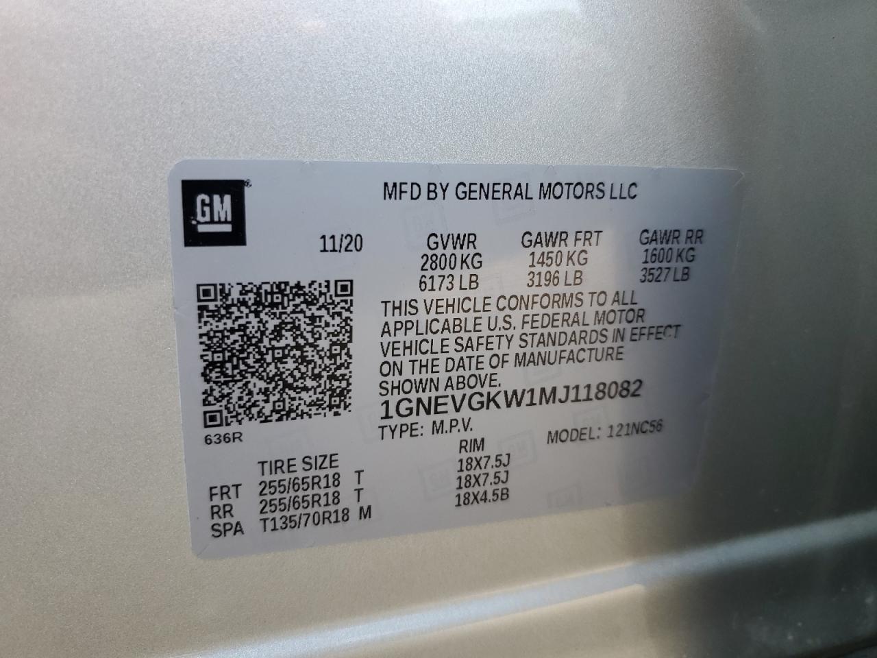 1GNEVGKW1MJ118082 2021 Chevrolet Traverse Lt