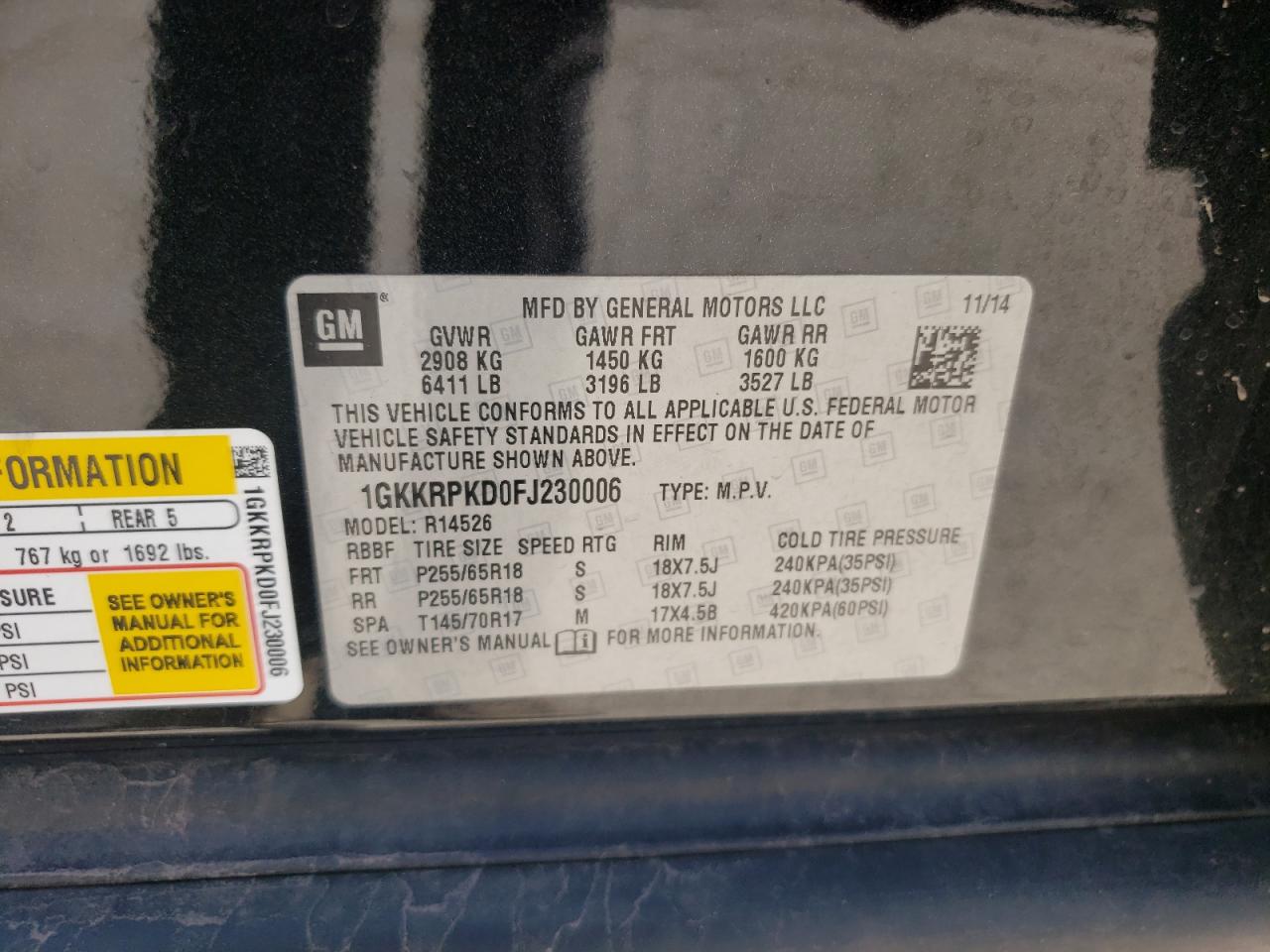 1GKKRPKD0FJ230006 2015 GMC Acadia Sle