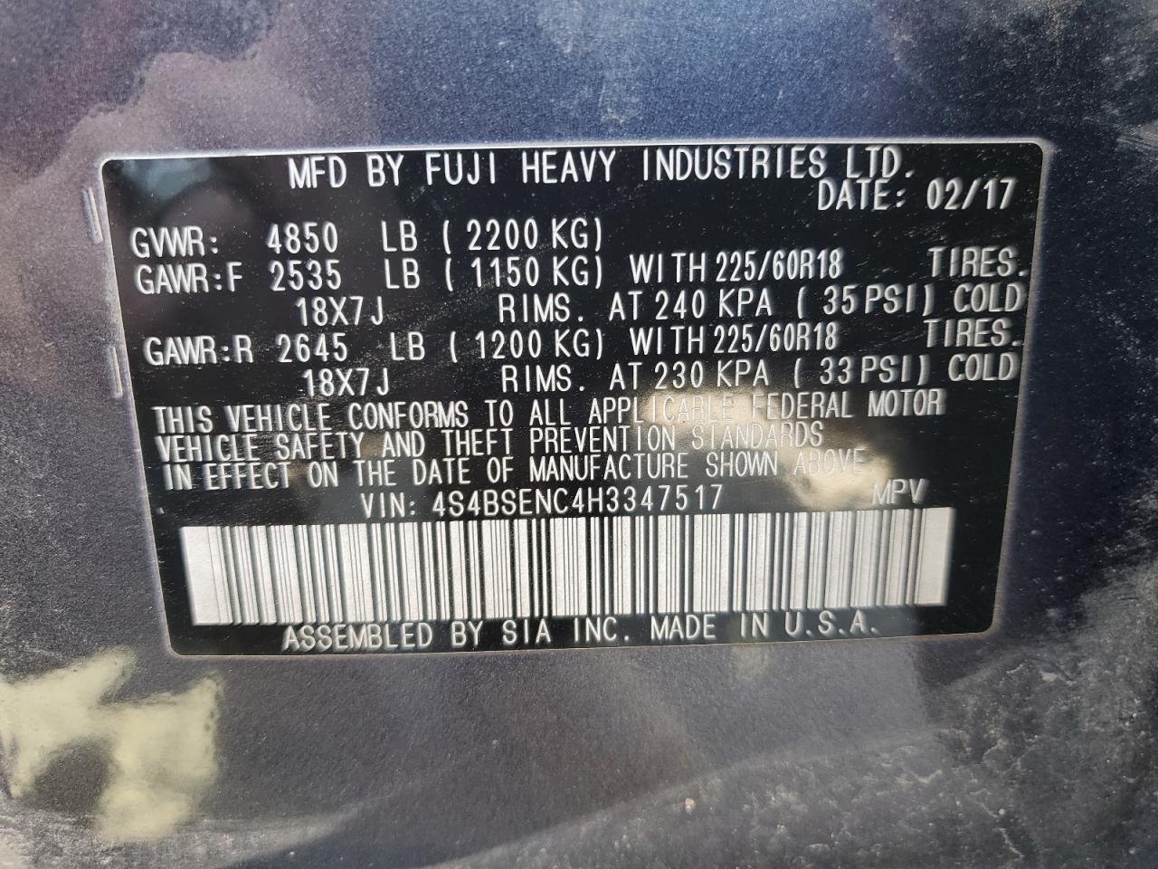 4S4BSENC4H3347517 2017 Subaru Outback 3.6R Limited