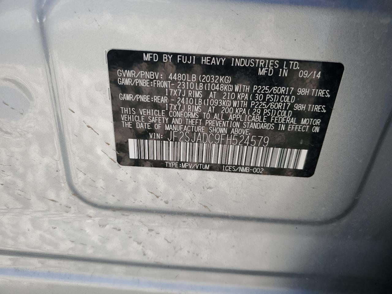 JF2SJADC9FH524579 2015 Subaru Forester 2.5I Premium