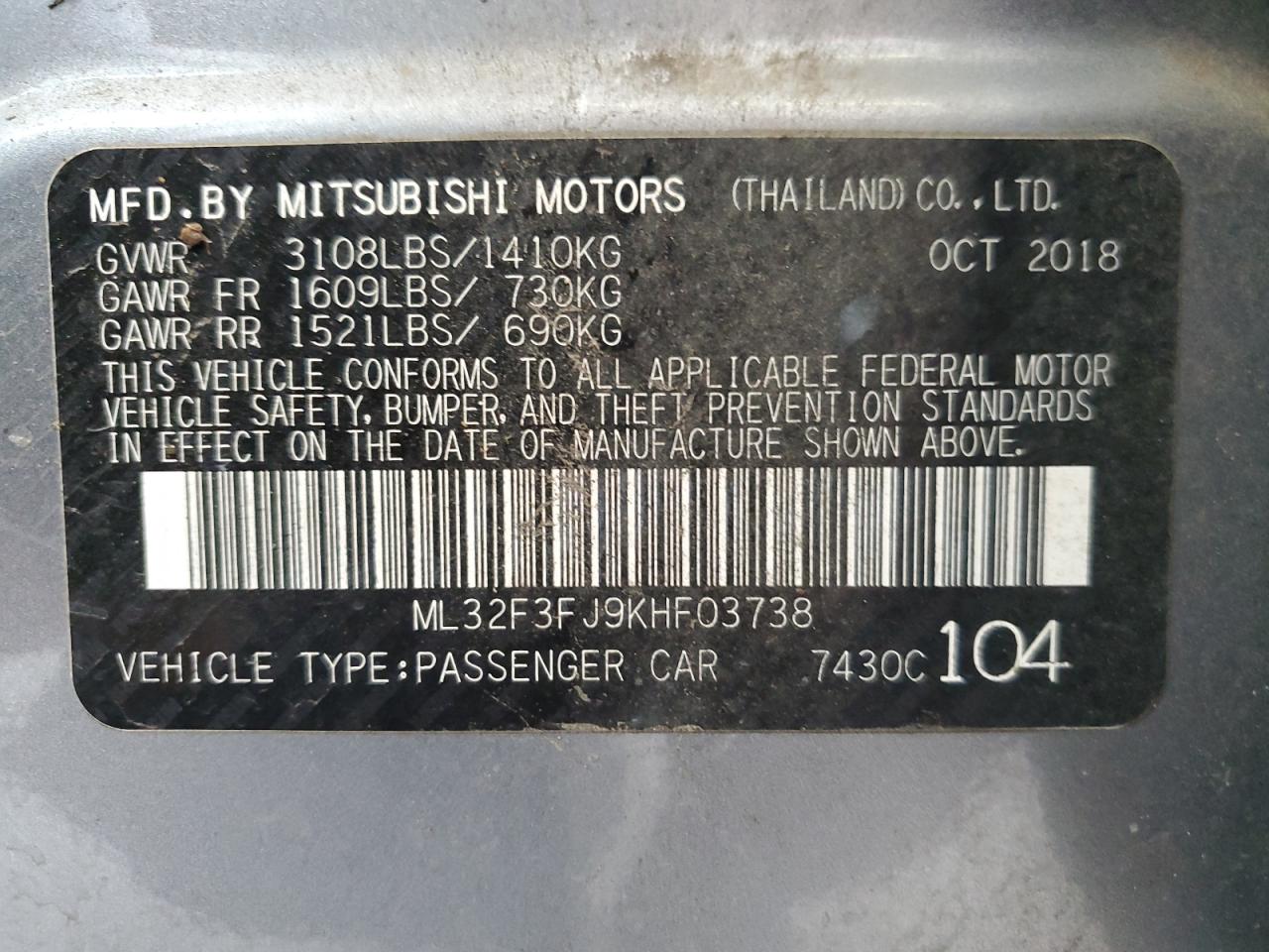 ML32F3FJ9KHF03738 2019 Mitsubishi Mirage G4 Es