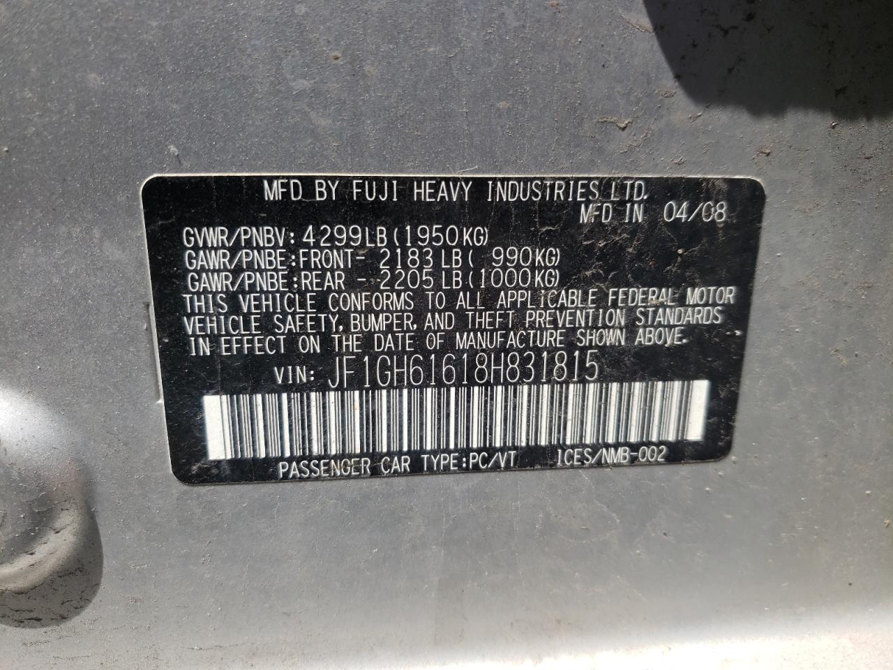 JF1GH61618H831815 2008 Subaru Impreza 2.5I