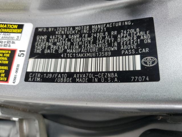 VIN 4T1C11AKXMU613589 2021 Toyota Camry, LE no.12