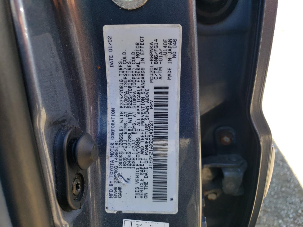 JTEGF21AX20043727 2002 Toyota Highlander Limited