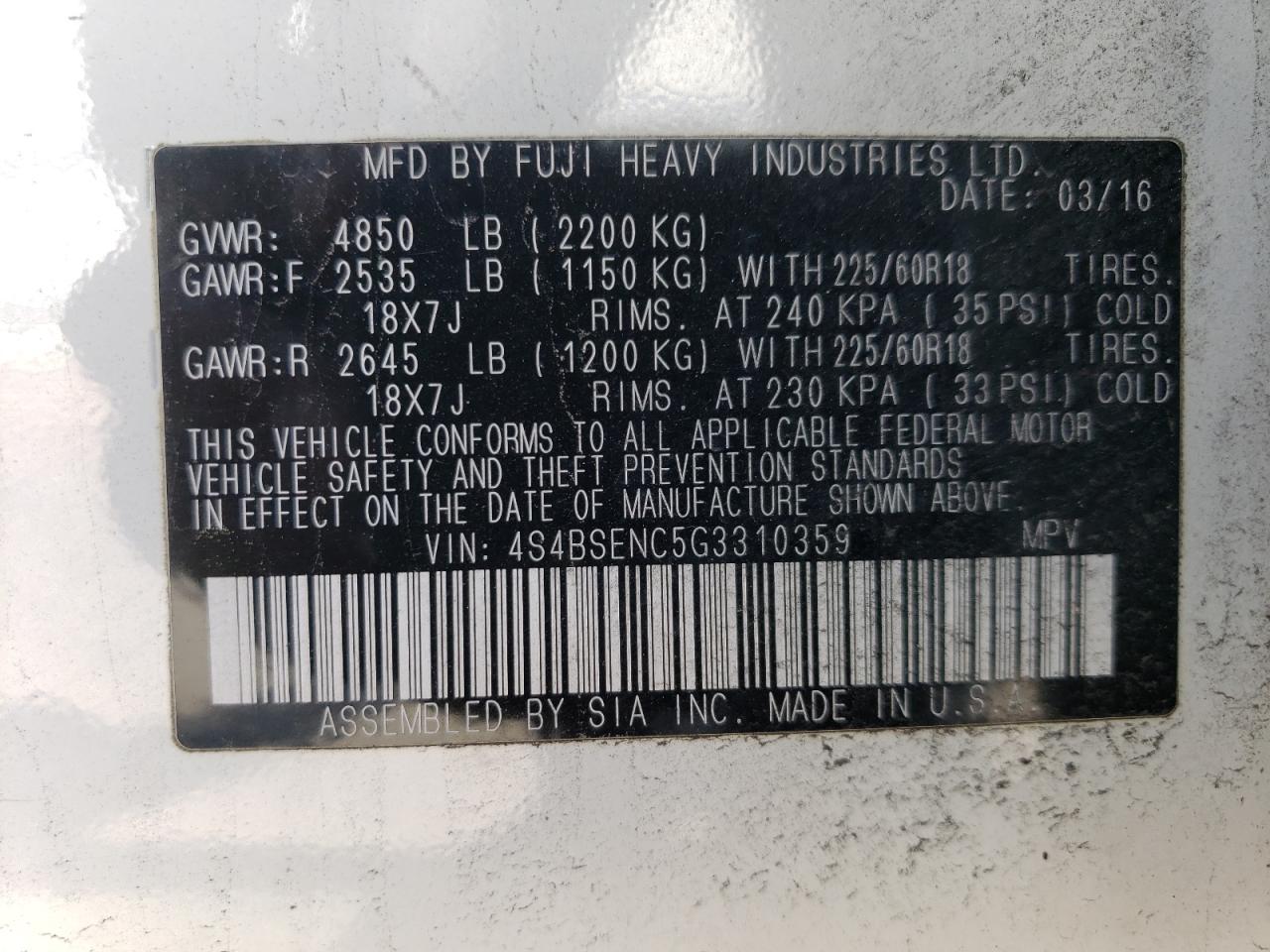 4S4BSENC5G3310359 2016 Subaru Outback 3.6R Limited