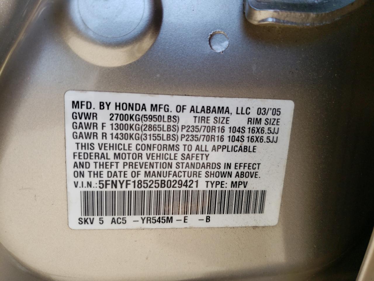 5FNYF18525B029421 2005 Honda Pilot Exl