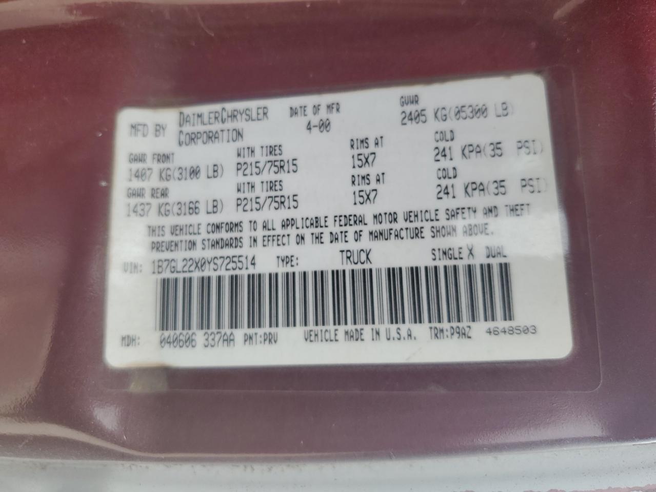 1B7GL22X0YS725514 2000 Dodge Dakota