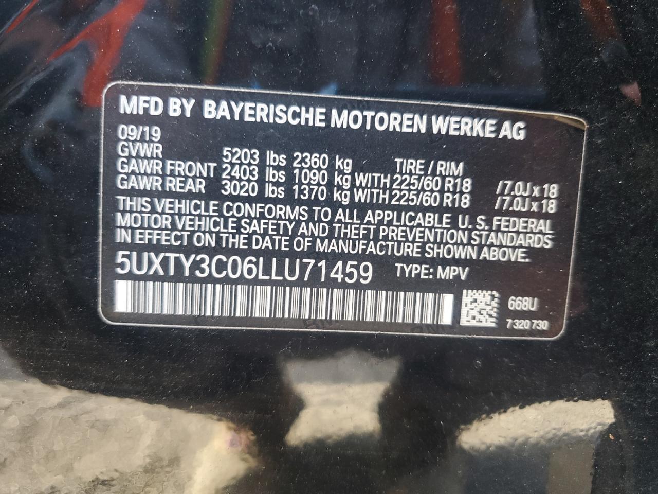 5UXTY3C06LLU71459 2020 BMW X3 Sdrive30I