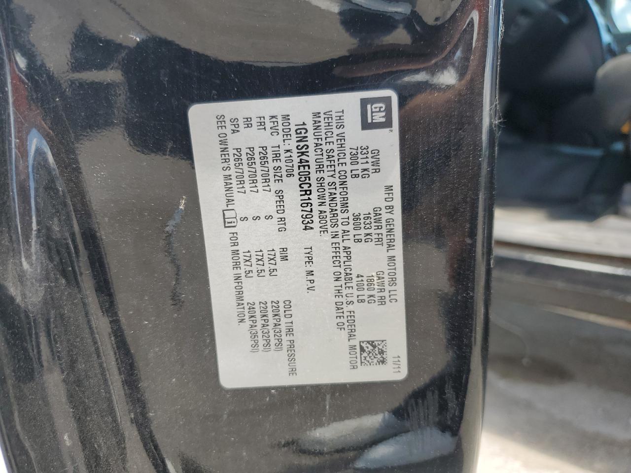 1GNSK4E05CR167934 2012 Chevrolet Tahoe K1500