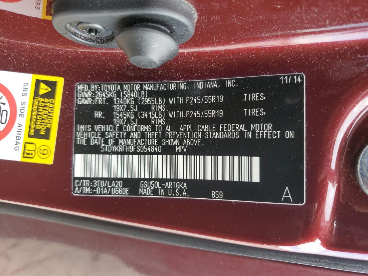 5TDYKRFH9FS054840 2015 Toyota Highlander Limited