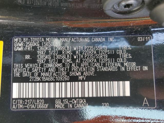 2011 Lexus Rx 350 VIN: 2T2BK1BA6BC109260 Lot: 60912844