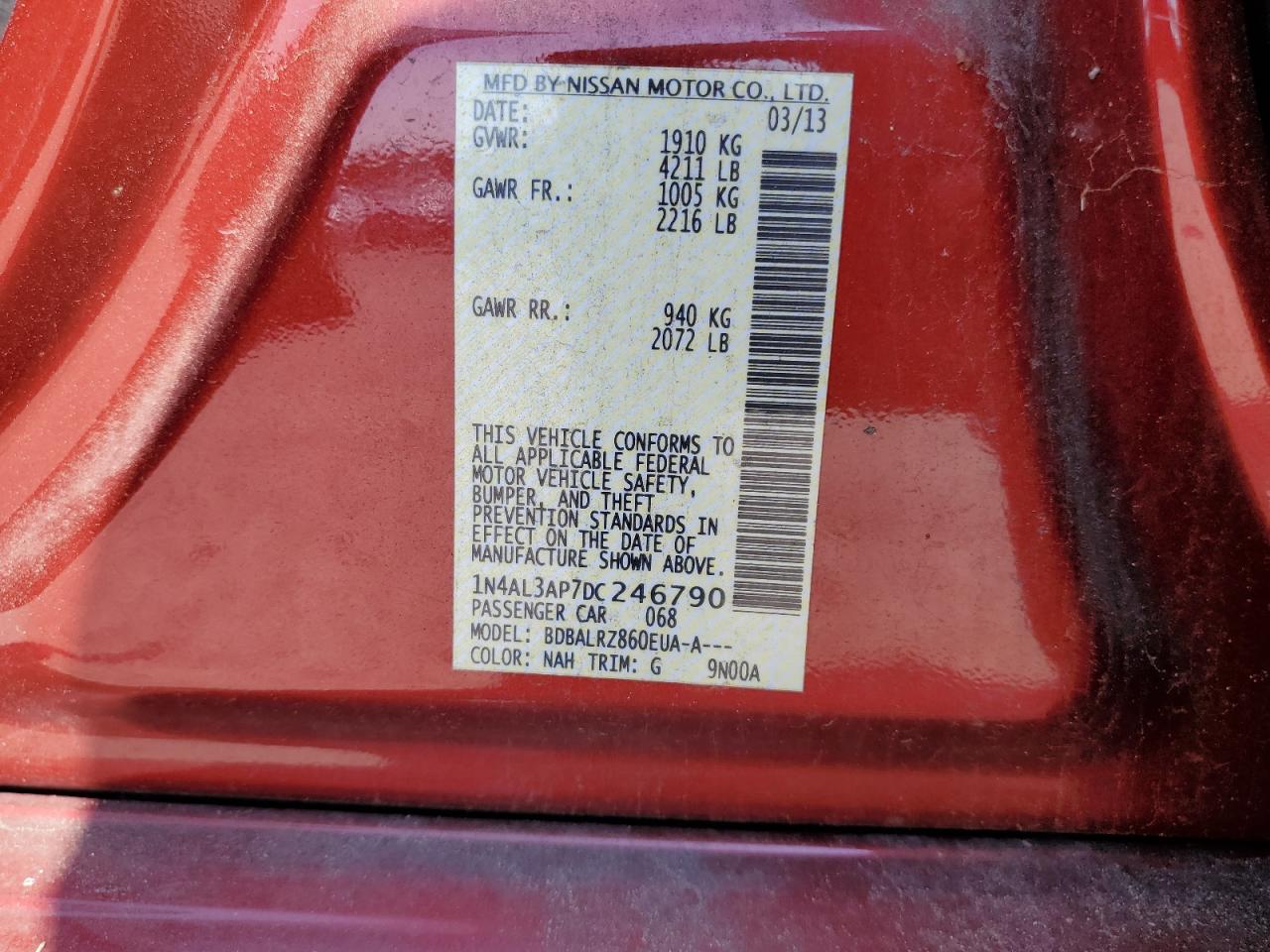 2013 Nissan Altima 2.5 vin: 1N4AL3AP7DC246790