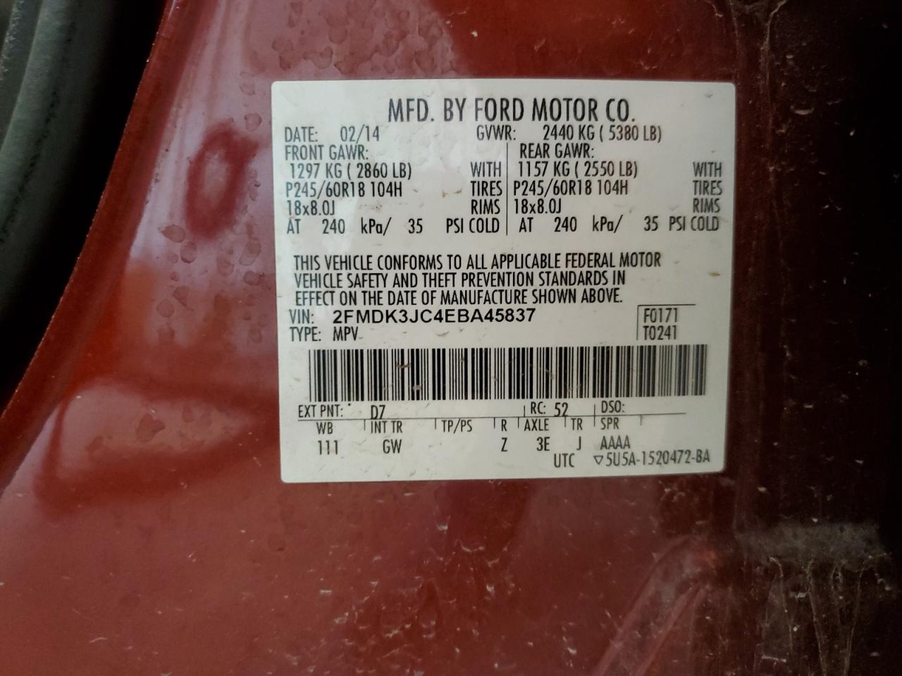 2FMDK3JC4EBA45837 2014 Ford Edge Sel