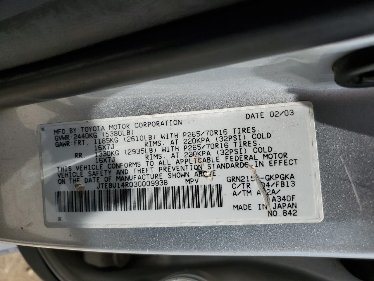 JTEBU14R030009938 2003 Toyota 4Runner Sr5