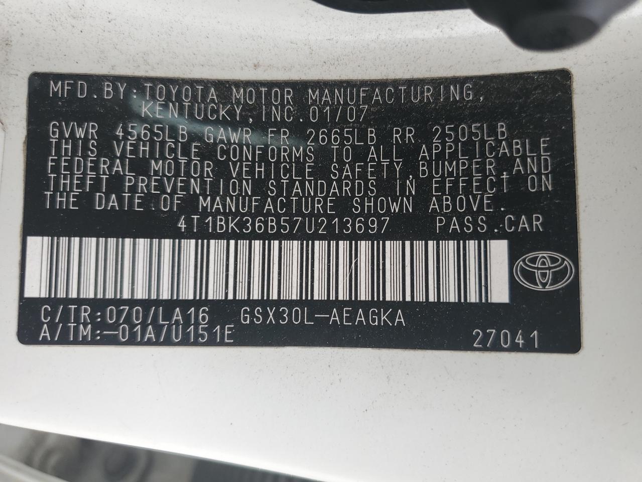 4T1BK36B57U213697 2007 Toyota Avalon Xl