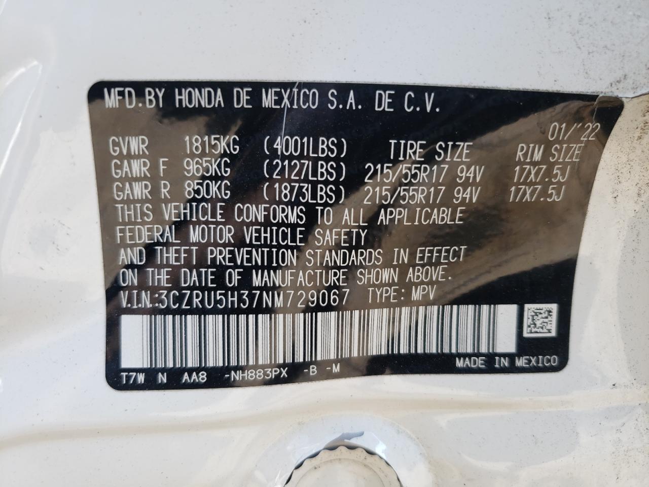 3CZRU5H37NM729067 2022 Honda Hr-V Lx