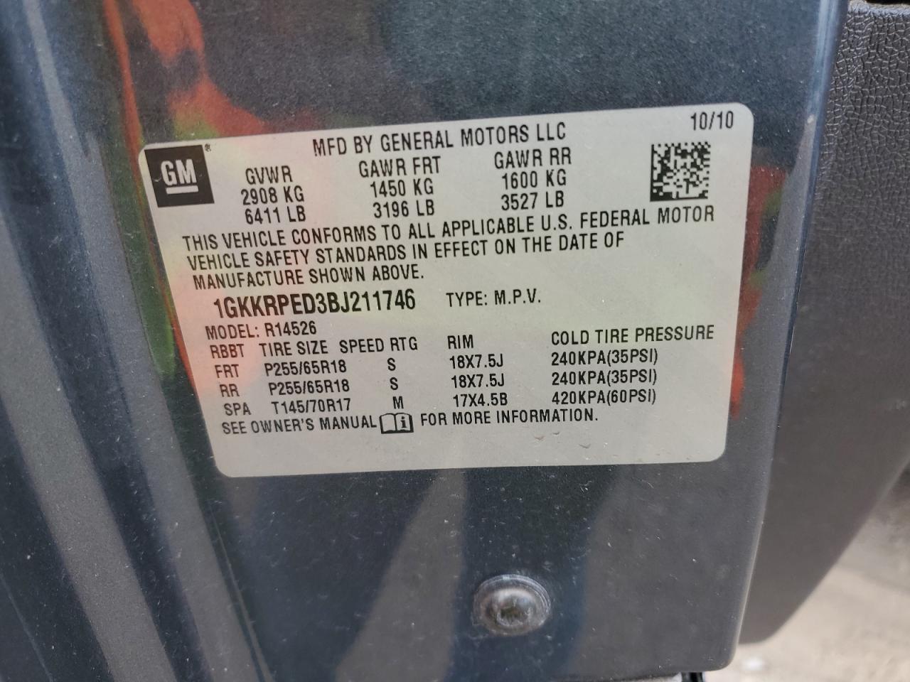 1GKKRPED3BJ211746 2011 GMC Acadia Sle