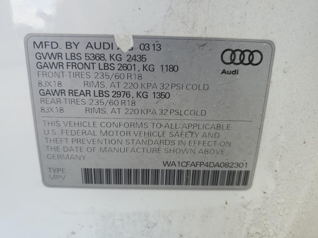 2013 Audi Q5 Premium vin: WA1CFAFP4DA082301