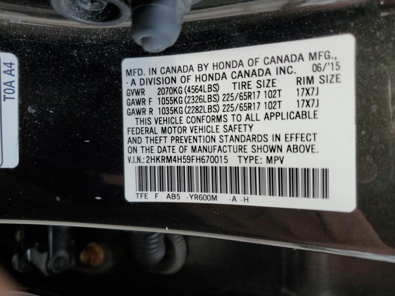 2HKRM4H59FH670015 2015 Honda Cr-V Ex