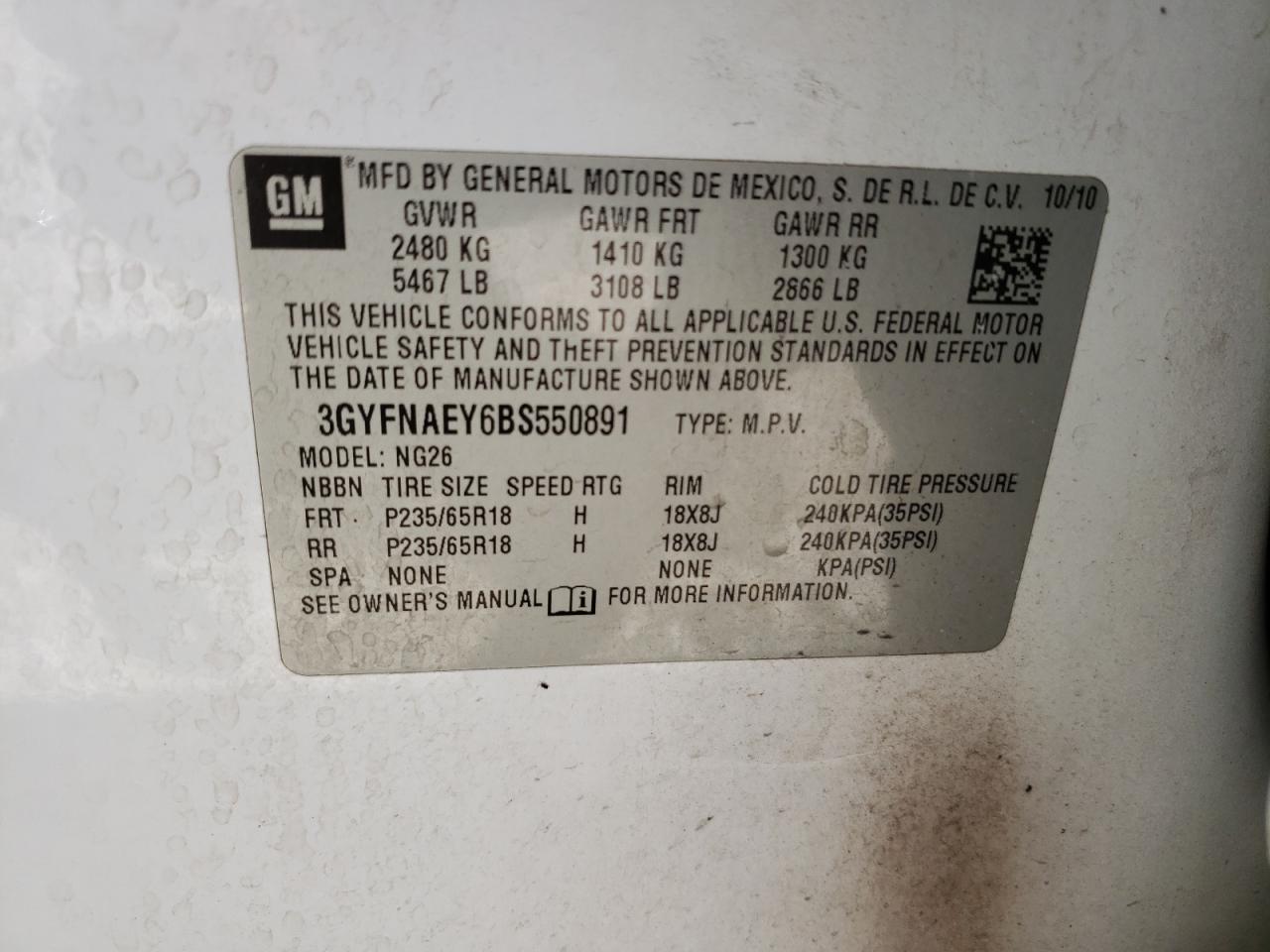 3GYFNAEY6BS550891 2011 Cadillac Srx Luxury Collection