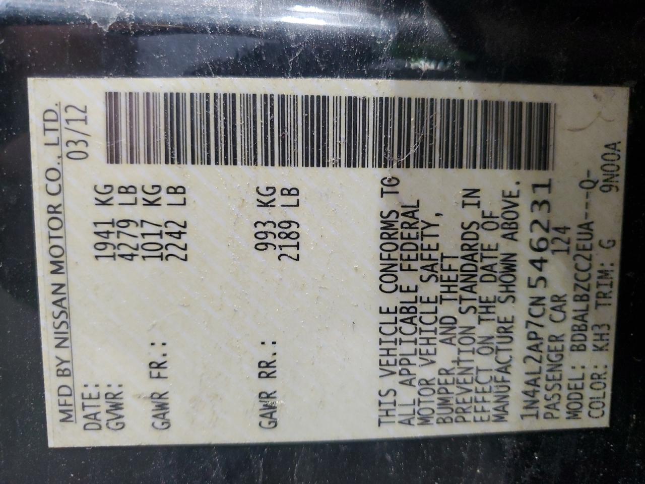 2012 Nissan Altima Base vin: 1N4AL2AP7CN546231