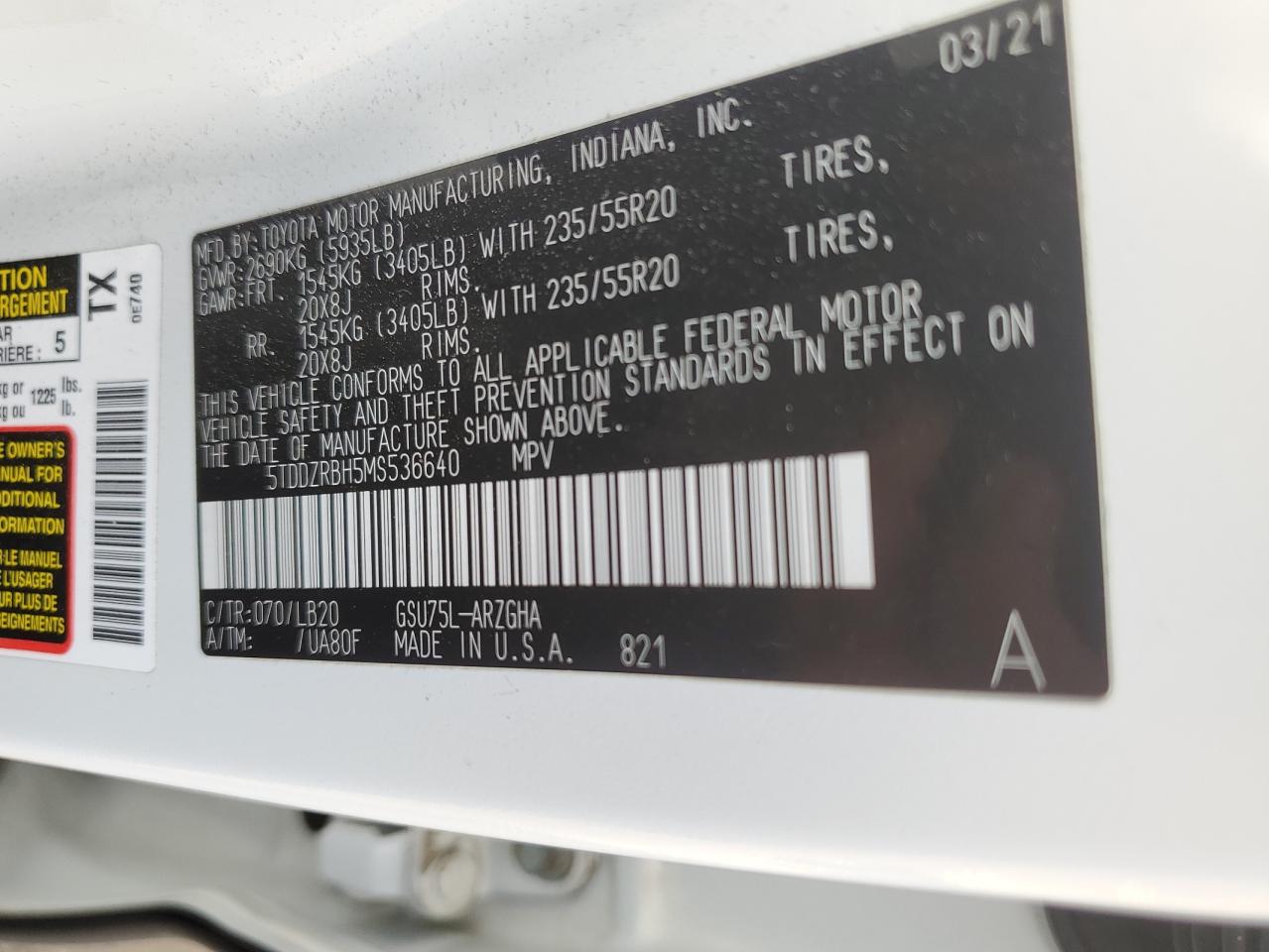 5TDDZRBH5MS536640 2021 Toyota Highlander Limited