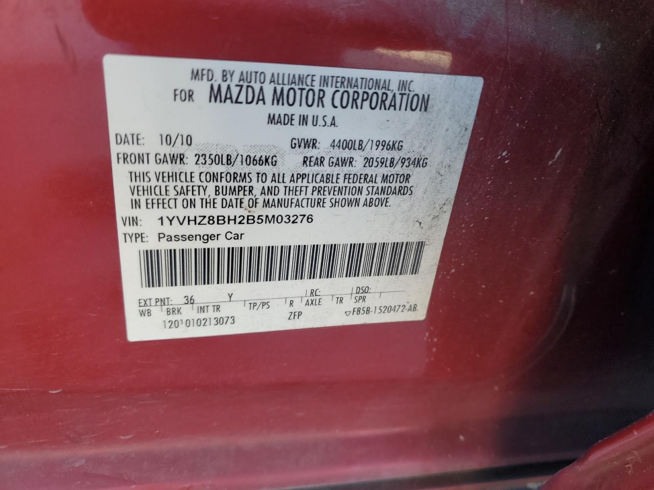 1YVHZ8BH2B5M03276 2011 Mazda 6 I