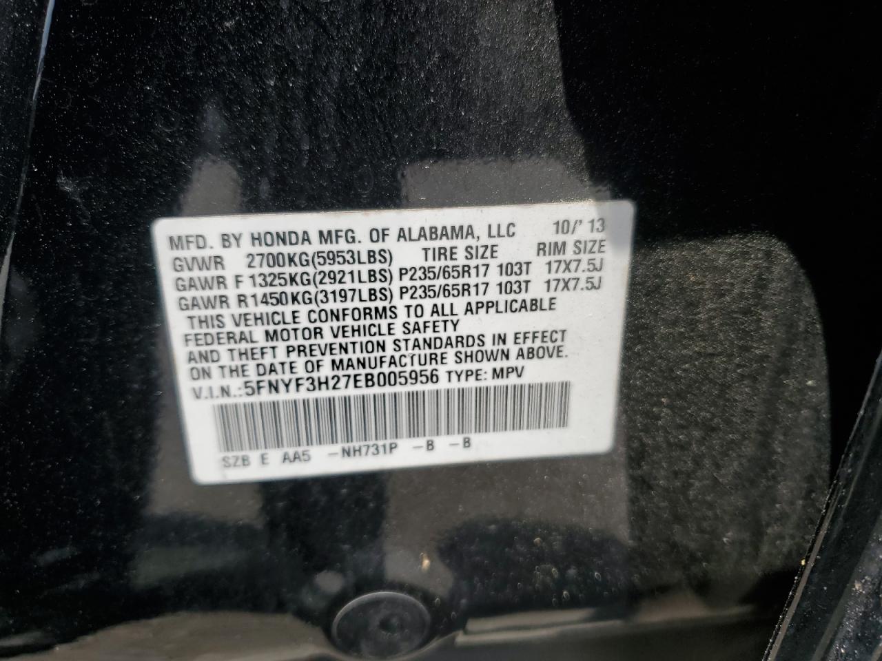 5FNYF3H27EB005956 2014 Honda Pilot Lx