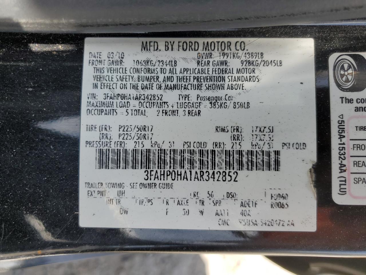 3FAHP0HA1AR342852 2010 Ford Fusion Se