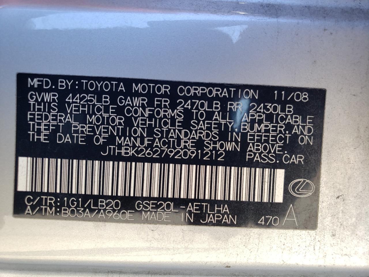 JTHBK262792091212 2009 Lexus Is 250