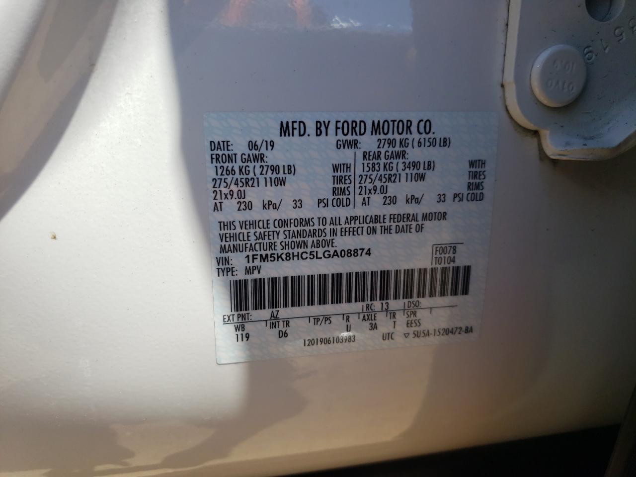 1FM5K8HC5LGA08874 2020 Ford Explorer Platinum