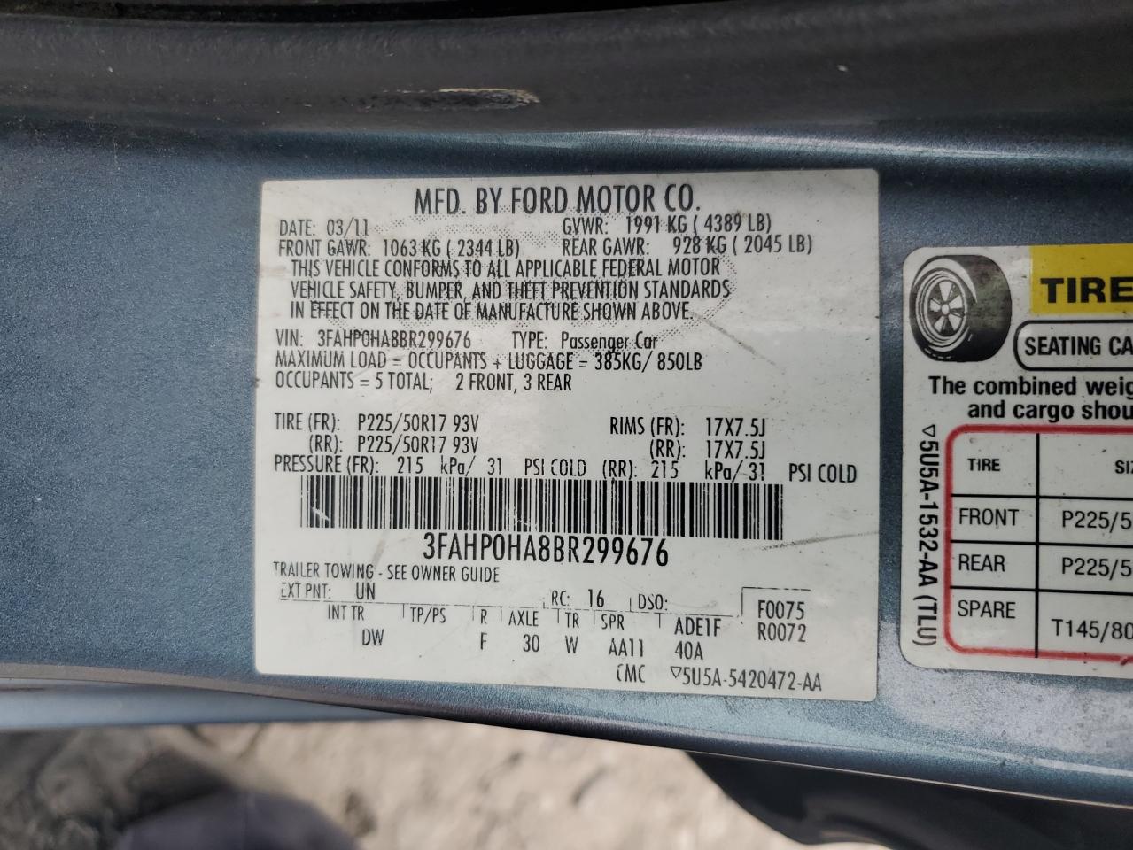 3FAHP0HA8BR299676 2011 Ford Fusion Se