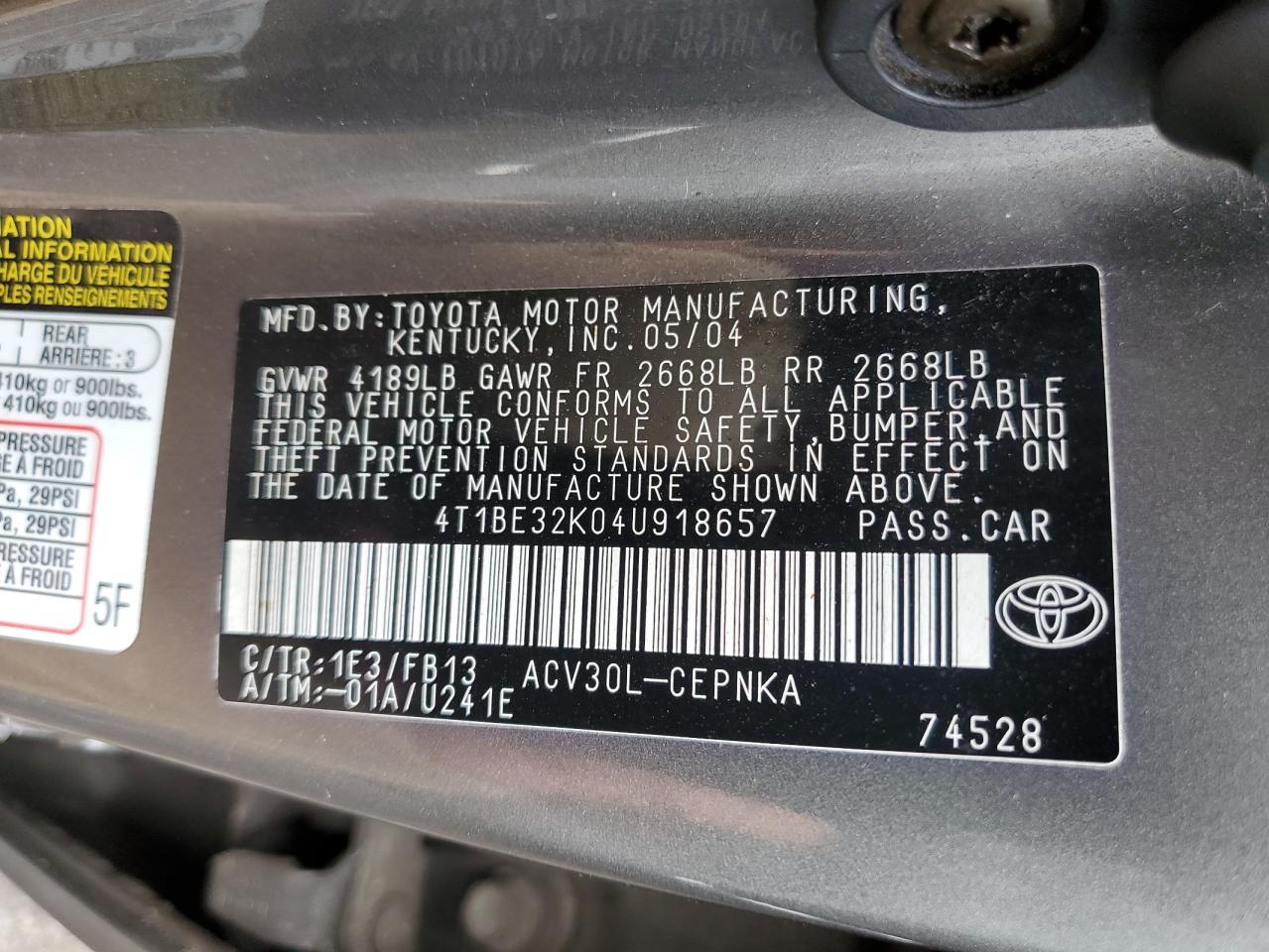 4T1BE32K04U918657 2004 Toyota Camry Le