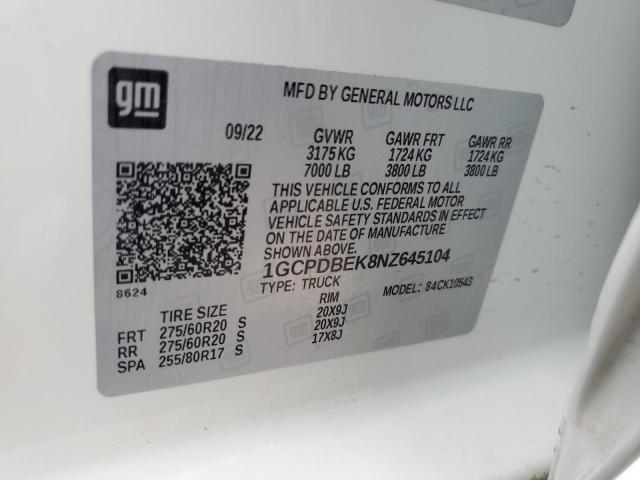 2022 Chevrolet Silverado K1500 Custom VIN: 1GCPDBEK8NZ645104 Lot: 58677704