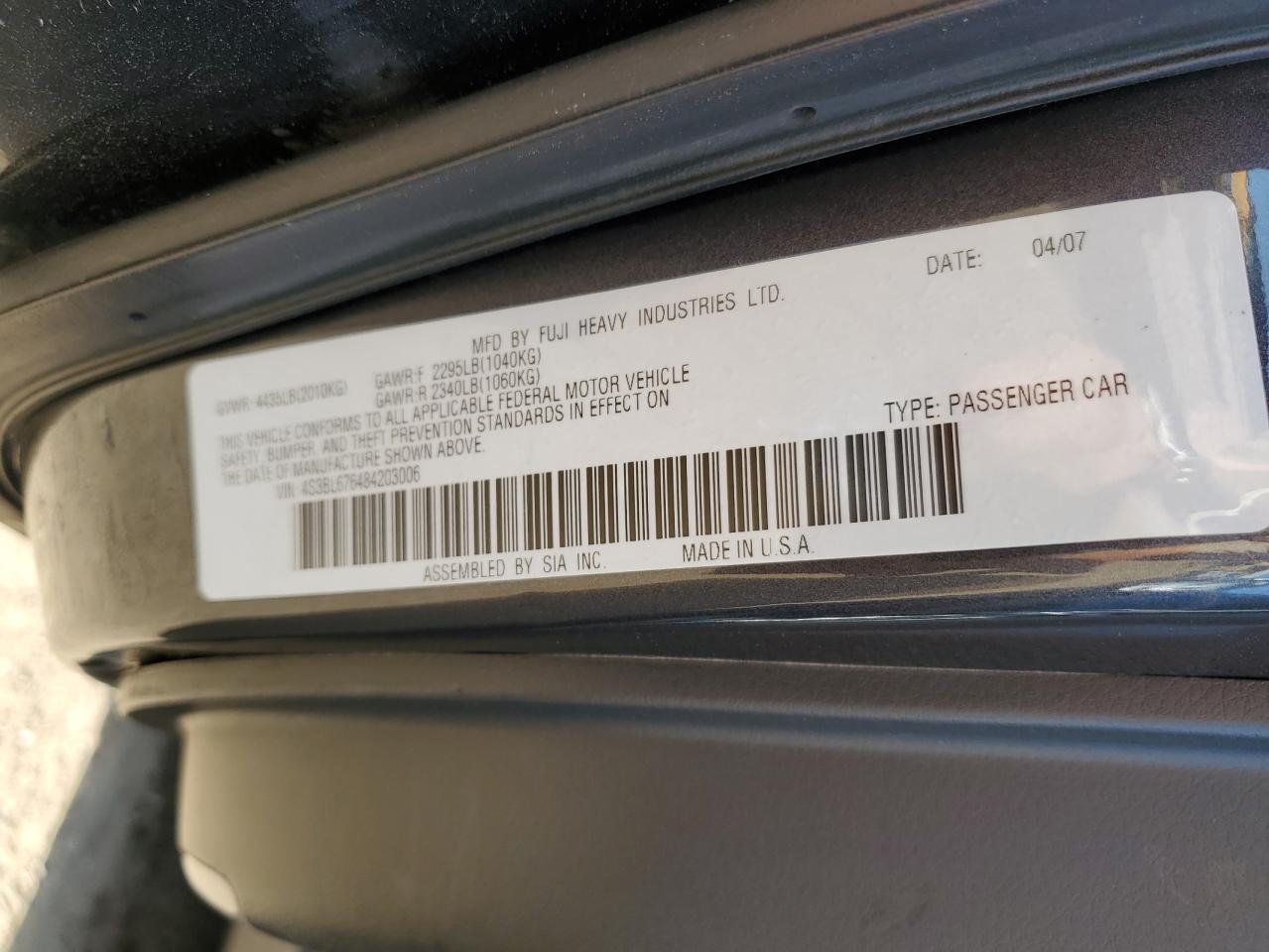 4S3BL676484203006 2008 Subaru Legacy Gt Limited