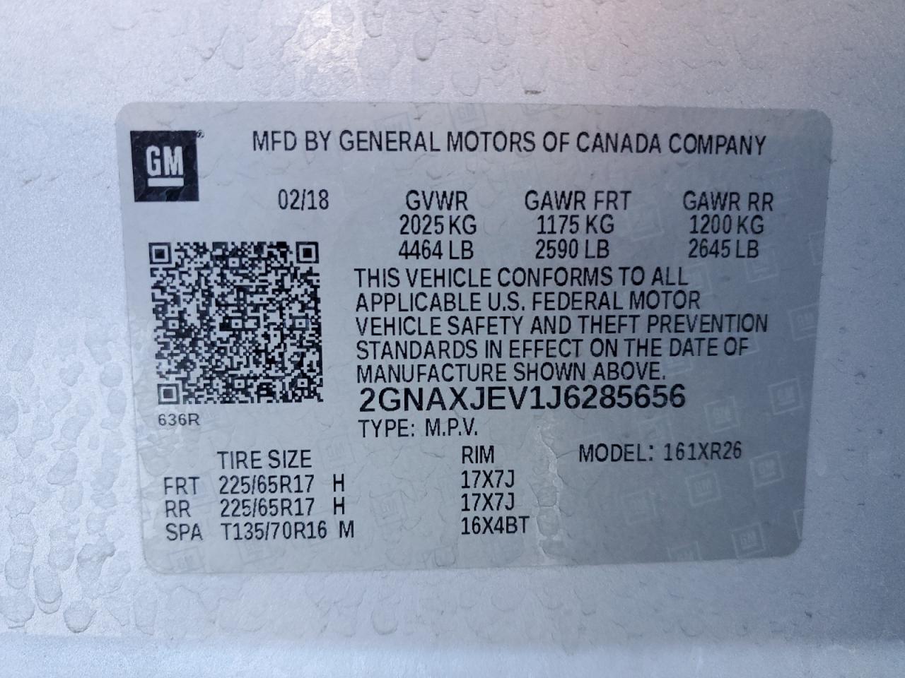 2GNAXJEV1J6285656 2018 Chevrolet Equinox Lt