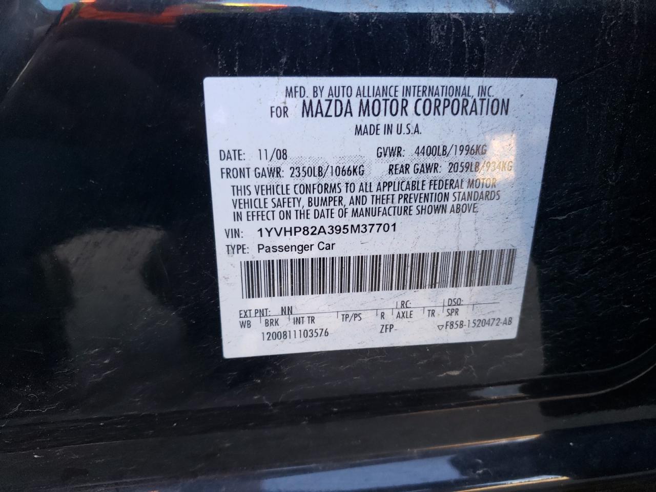 1YVHP82A395M37701 2009 Mazda 6 I