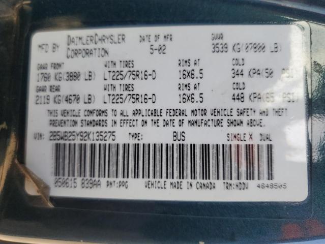 2002 Dodge Ram Wagon B2500 VIN: 2B5WB25Y92K135275 Lot: 57155584