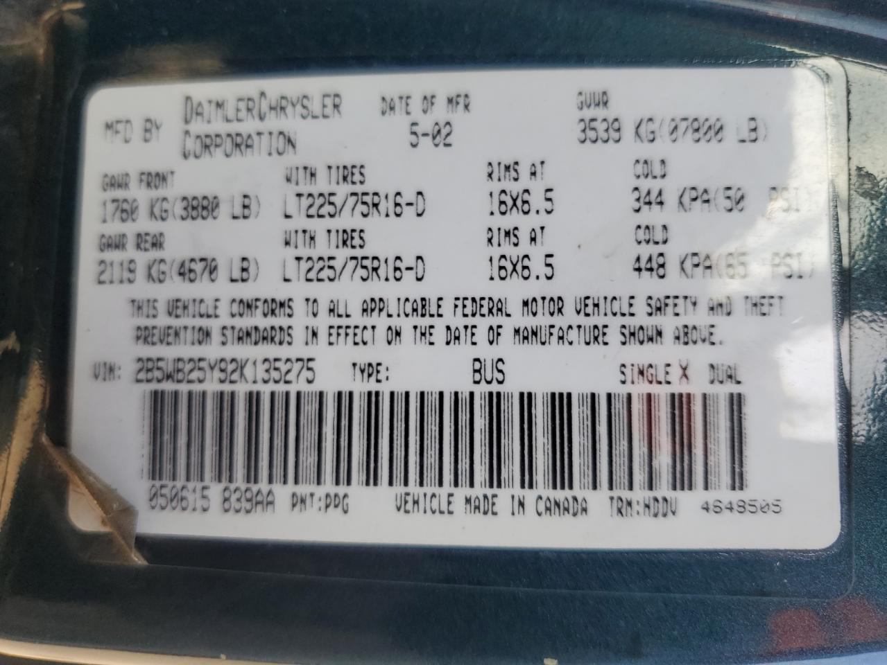 2B5WB25Y92K135275 2002 Dodge Ram Wagon B2500