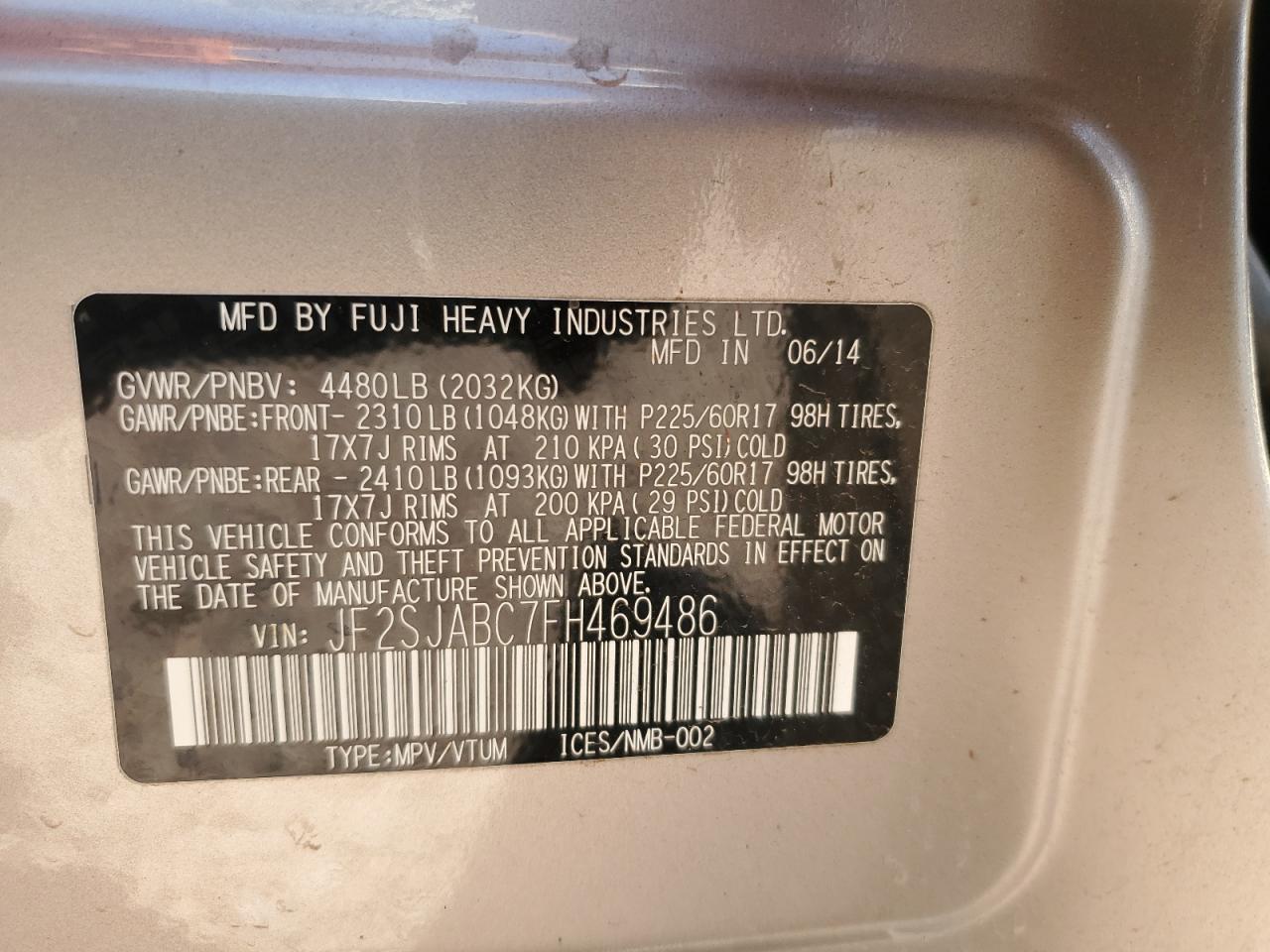 JF2SJABC7FH469486 2015 Subaru Forester 2.5I