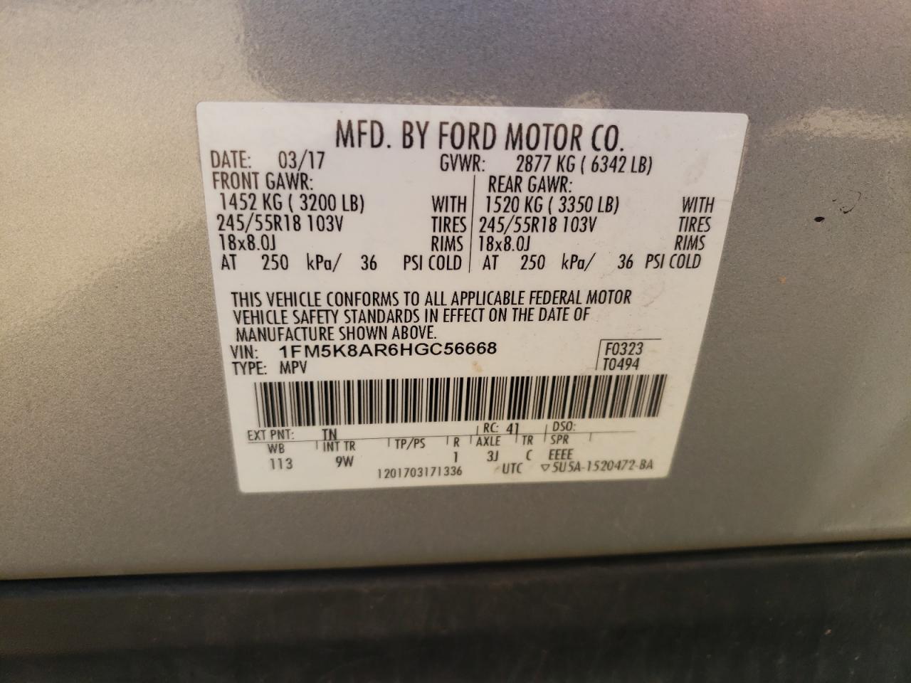 1FM5K8AR6HGC56668 FORD EXPLORER 2017