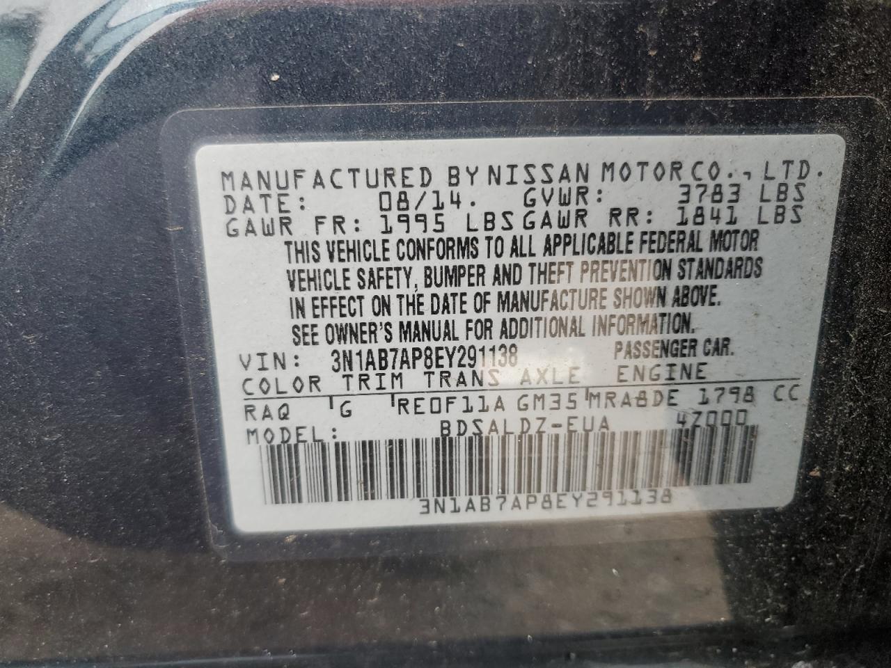 3N1AB7AP8EY291138 2014 Nissan Sentra S