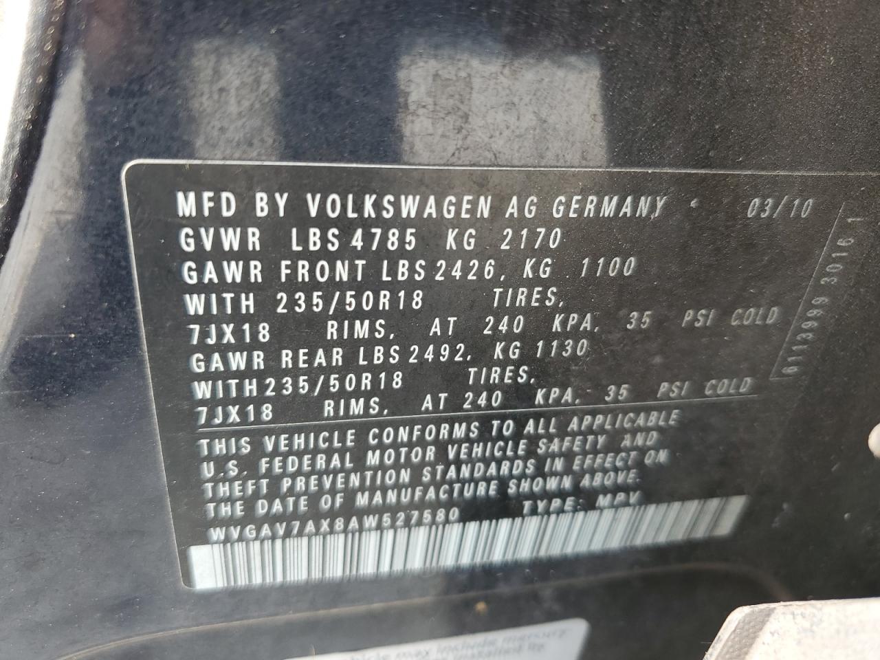 WVGAV7AX8AW527580 2010 Volkswagen Tiguan S