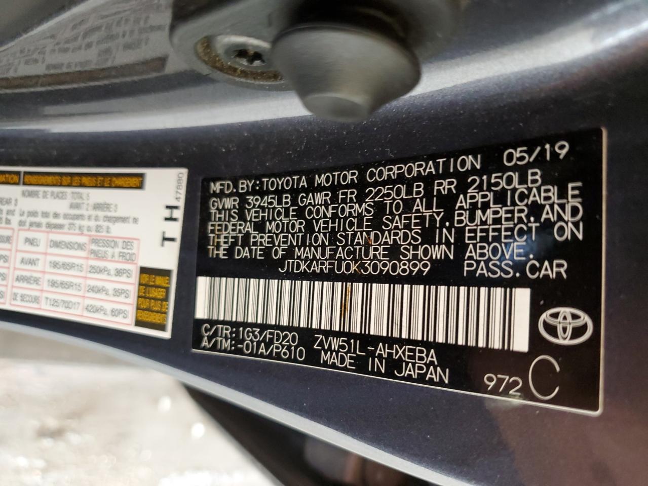 JTDKARFU0K3090899 2019 Toyota Prius