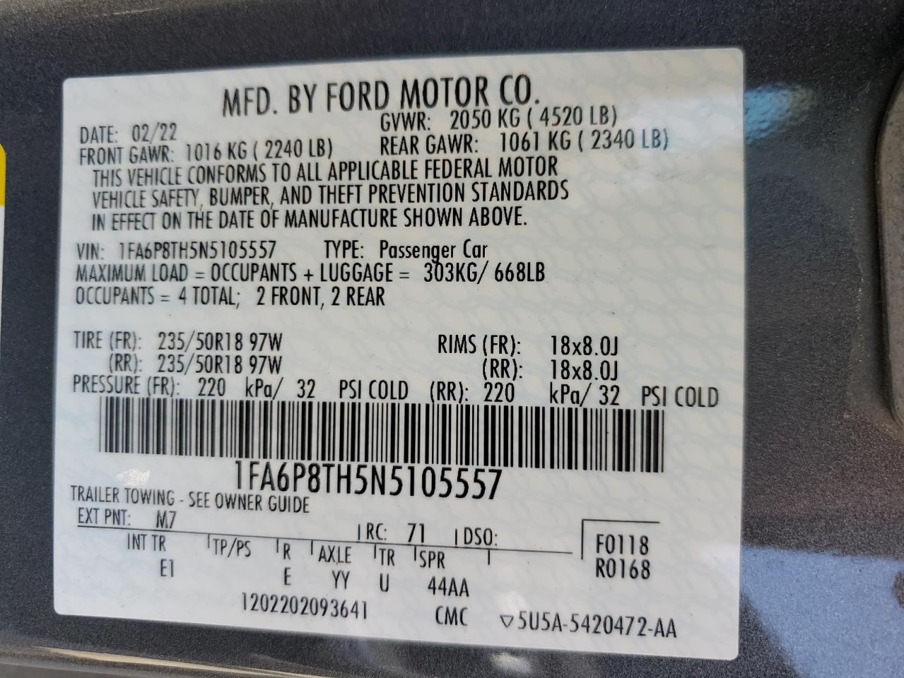 1FA6P8TH5N5105557 2022 Ford Mustang